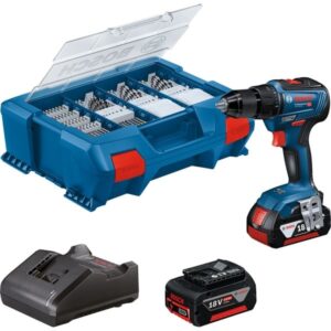 Bosch Akku-Bohrschrauber GSR 18V-55 Professional, 18Volt (blau/schwarz, 2x Li-Ion Akku 4,0Ah, L-Case Pick & Click, 82-teiliges Zubehör-Set)