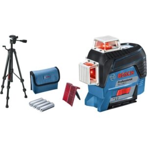 Bosch Linienlaser GLL 3-80 C Professional + Baustativ BT 150, Kreuzlinienlaser (blau/schwarz, mit roten Laserlinien, ohne Akku)
