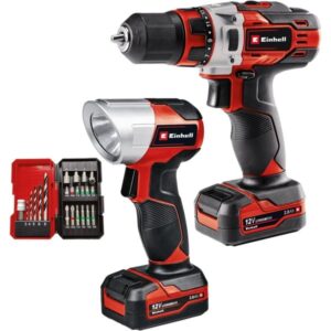 EINHELL Akku-Bohrschrauber TE-CD 12/1 +22+CL, 12Volt (rot/schwarz, 2x Li-Ionen Akku 2Ah, 22-teiliges Bit- und Bohrerset + Akku-Leuchte)