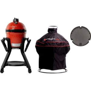 Kamado Joe Junior, Celebration Pack, Holzkohlegrill (rot/schwarz, Ø 34cm, mit Sear Plate, Rollwagen und Wetterschutzhülle)